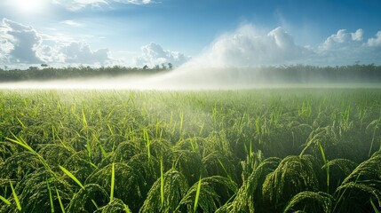 Wall Mural - Rice Paddy Field Under a Misty Sky