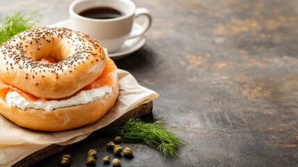 Smoked Salmon Bagel Delight: A freshly baked everything bagel piled high with creamy cream cheese and smoked salmon, paired with a steaming cup of coffee for a satisfying and flavorful breakfast. 