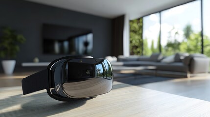 Sticker - Modern Virtual Reality Headset on a Table in Stylish Living Room with Large Windows and Contemporary Furniture