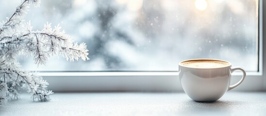 Poster - Cozy winter morning with a warm cup of coffee on a white table next to a frosted window and snowy landscape outside.