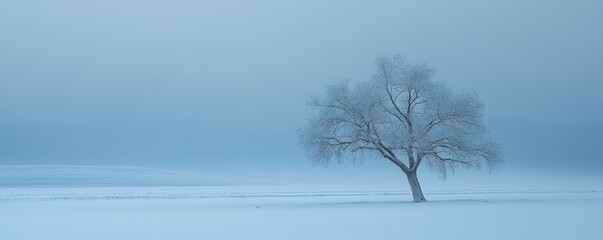 Wall Mural - Winter landscape, snow covered tree, serene atmosphere, gentle snowfall, blue hue, nature s tranquility A peaceful snowy scene evoking calm and cold