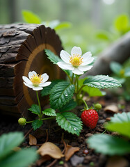Wall Mural - forest wild strawberries and white blossoms bathed in morning dew grow next to an old forest log.
