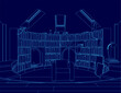© German Ovchinnikov - Blue drawing of a library with a fireplace and a chair. The room is filled with bookshelves and a large circular table