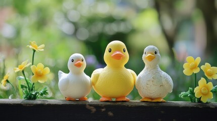 Wall Mural - Colorful Easter-themed plastic ducks and a chicken with vibrant flowers in a garden setting, symbolizing spring and celebration.