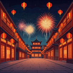 Wall Mural - Festive Chinese Town with Fireworks