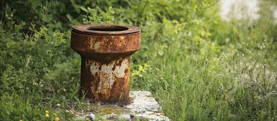 Rusty outdoor toilet surrounded by lush overgrown grass showcasing a vintage plumbing relic from a bygone era of sanitation design