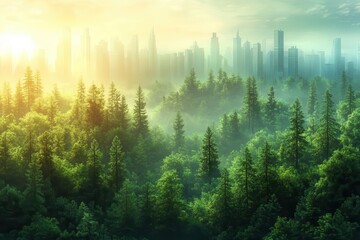 Wall Mural - sustainable green forest landscape with renewable energy solutions and carbon neutral environmental 