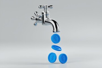 Aufkleber - Water tap dispensing dollar coins; symbolizes financial resources, wealth, or income stream.