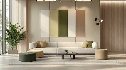 Wall Mural - Modern living room, sectional sofa, neutral decor, sunlight, city view, interior design