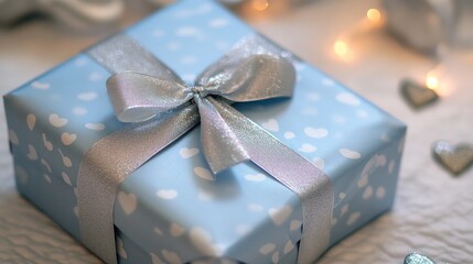 Wall Mural - Elegant silver gift box with blue lid and ribbon surrounded by heart-shaped bokeh lights for festive celebrations and special occasions