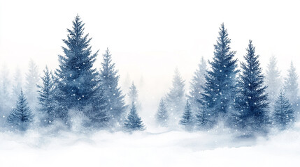 Wall Mural - Winter forest with snow-covered evergreens and a misty atmosphere in serene landscape