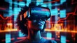 © Татьяна Епанешникова - Smiling woman wearing a virtual reality headset. Young black female engaged in the immersive experience of the VR technology. Intersection of technology and everyday life. Neon digital cyberspace.