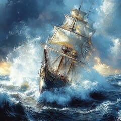 Canvas Print - Majestic sailing ship battles stormy ocean waves.