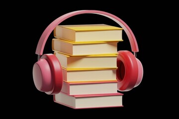 Fototapete - Stack of books with pink headphones, representing audiobooks or educational podcasts.