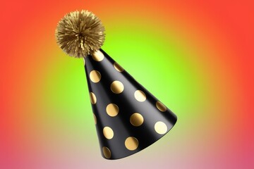 Poster - A black party hat with gold polka dots and a fluffy gold pom-pom.