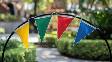 Poster - Colorful triangular flags adorn a garden archway, creating a festive atmosphere.