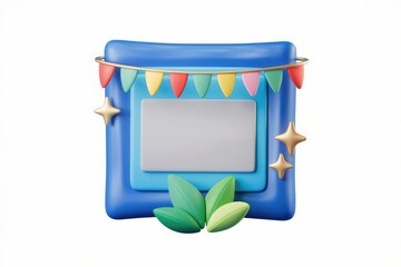 Poster - A festive, 3D-rendered blue frame with blank space, bunting, and leaves.