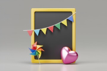 Poster - A yellow board with colorful flags, a pinwheel, and a pink heart.