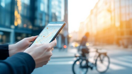 businesswoman using a navigation app on her smartphone while navigating the bustling city center, wi