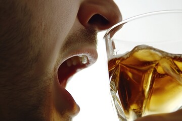 Wall Mural - Close-up shot of a person taking a sip from a glass of beer