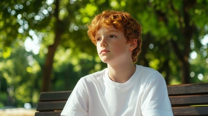 Redhead Boy Contemplating: A pensive young boy with vibrant red curly hair sits on a park bench, lost in thought amidst the dappled sunlight filtering through the trees.