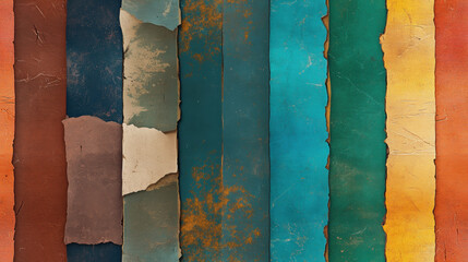 Wall Mural - Seamless rainbow, grunge, Colorful textured strips of paper arranged vertically, showcasing a vibrant palette of greens, blues, browns, and oranges for artistic use.