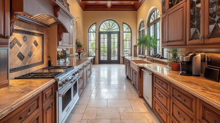 Wall Mural - Luxury Kitchen with Arched Windows and Granite Countertops