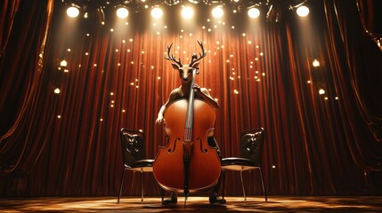 Poster - Deer playing cello on stage during a concert with warm lights and velvet curtains. Generative AI