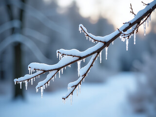 Wall Mural - frozen tree branch in winter landscape with soft focus and shallow depth of field, capturing delicat