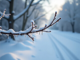 Wall Mural - frozen tree branch in winter landscape with soft focus and shallow depth of field, capturing delicat