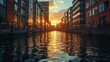 Serene Sunset Over Canal Surrounded by Urban Architecture Reflections