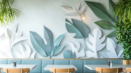 Wall Mural - Pastel cafe interior, paper leaf wall art, modern design, bright lighting, empty tables