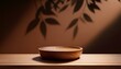 © Shayna - podium or bowl on timber desk on darkish brown historical past with branch shadow on the wall mock up for branding merchandise presentation and health care