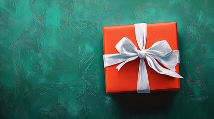 Wall Mural - An orange gift box with a white ribbon sits on a green background