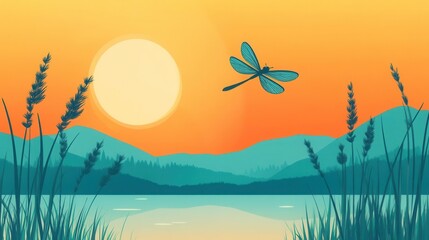 Wall Mural - Serene Sunset Landscape with Dragonfly Over Calm Water Reflection