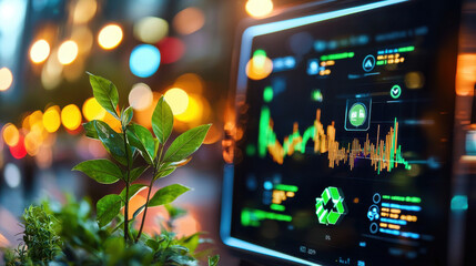 Poster - close up of digital screen displaying green energy data with plant in foreground, symbolizing sustainability and technology. vibrant colors create modern atmosphere