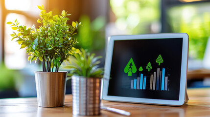 Aufkleber - digital tablet displaying green economy data next to potted plants, symbolizing sustainability and growth in modern workspace