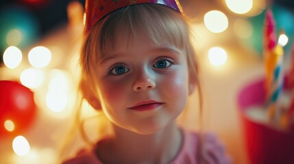 Wall Mural - Birthday Girl: A young girl with bright blue eyes gazes sweetly at the camera, her smile radiating pure joy, surrounded by the warm glow of birthday candles.