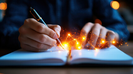 Aufkleber - close up of hand writing in journal, with glowing sparks and abstract light effects creating magical atmosphere. scene evokes creativity and inspiration