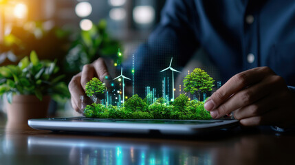Poster - Innovative analyst working on green economy concepts with digital trees and wind turbines, showcasing sustainable development and technology integration