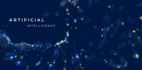 Wall Mural - artificial intelligence blue particle background. flow wave with dot landscape. digital data structu