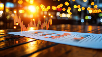 Fototapete - Close up of economic analysis report with visual graphs and data, showcasing financial trends and statistics in warm, illuminated setting. vibrant colors enhance analytical focus