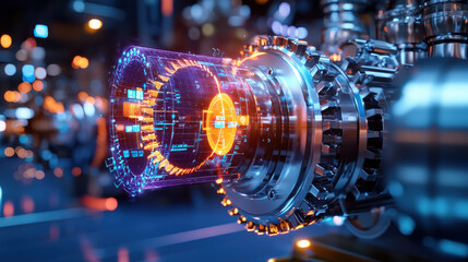 Poster - close up of turbine machinery featuring advanced technology and digital interfaces, showcasing intricate details and vibrant colors in hydroelectric power setting