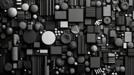 Fototapete - collection of hand drawn geometric shapes in monochrome, featuring various patterns and textures. This artwork showcases harmonious blend of circles, squares, and spheres