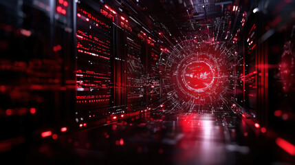 Leinwandbilder - Futuristic digital tunnel with red lights and data streams, creating high tech atmosphere. This concept represents advanced technology and innovation in virtual space