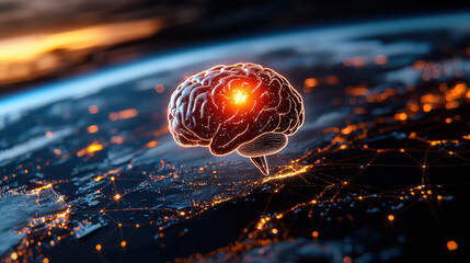 Fototapete - conceptual artwork of AI powered brain hovering above digital landscape, symbolizing intelligence and connectivity. glowing brain represents advanced technology and innovation