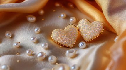 A close-up of heart-shaped earrings resting on a silk fabric, surrounded by small, scattered pearls and gold accents. 