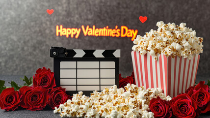 Wall Mural - Popcorn and Clapperboard with Valentine’s Day Theme, Happy Valentine Day with popcorn and roses for cozy movie night