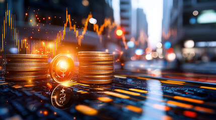 Fototapete - Conceptual illustration of economy analysis with coins and financial data. image showcases vibrant city backdrop, emphasizing dynamic nature of finance and investment