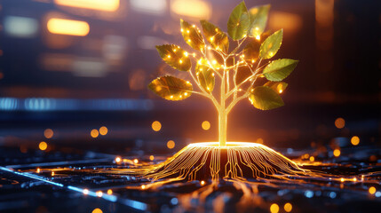 Fototapete - digital tree with glowing leaves emerges from circuit board, symbolizing growth and technology. This conceptual illustration represents fusion of nature and innovation